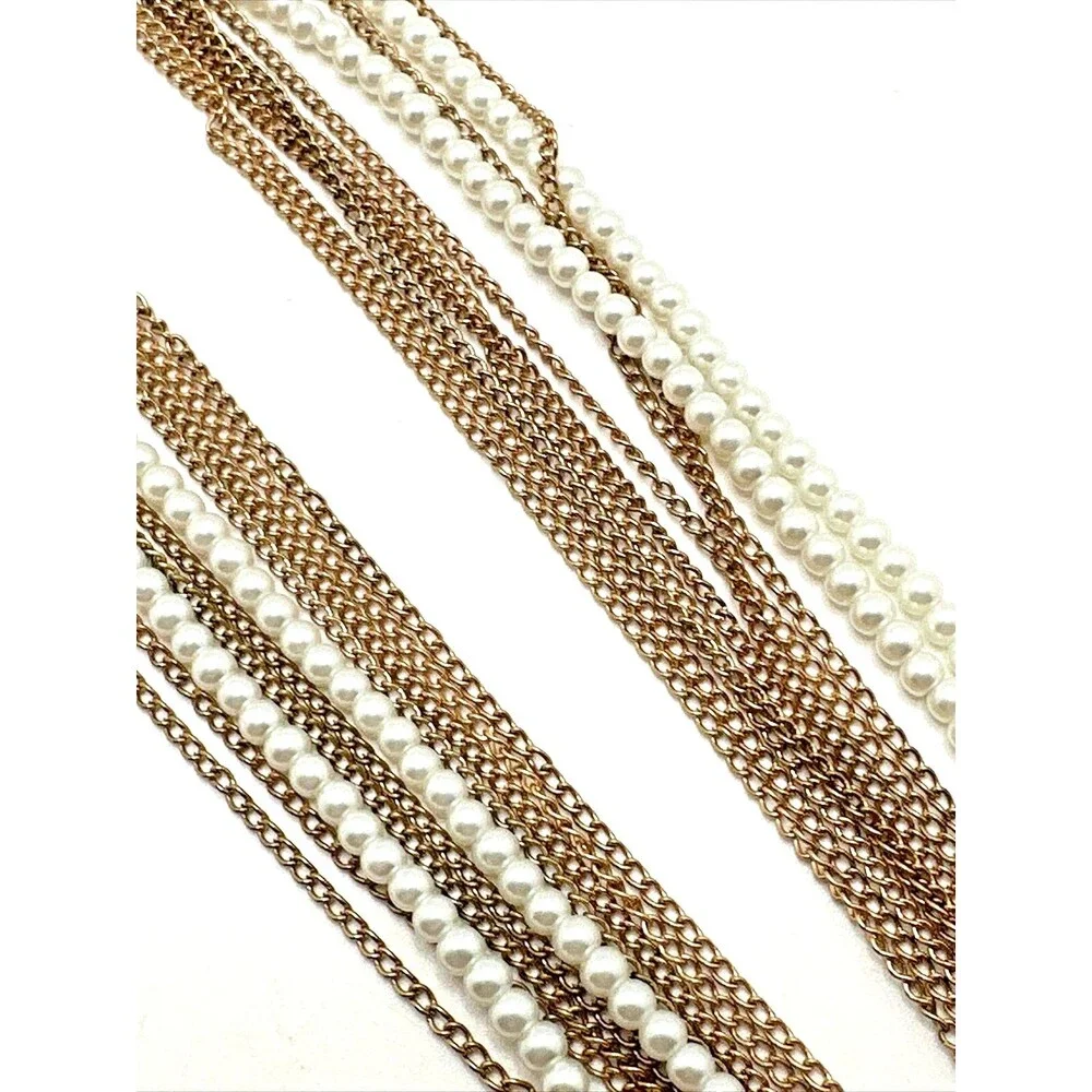 Vintage Multi Strand Statement Necklace Faux Pearl Gold Tone Chains Long 45
